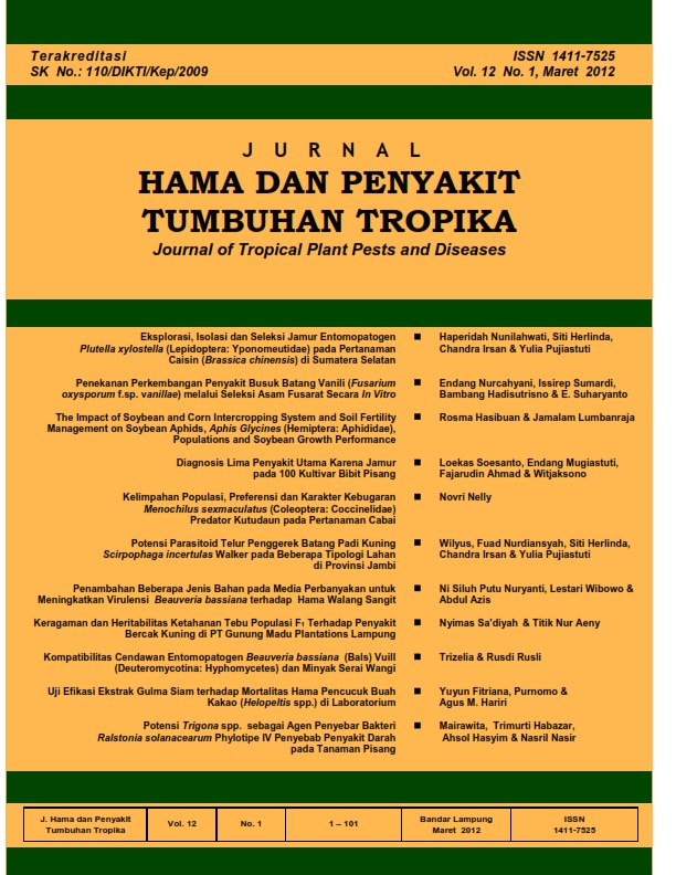					View Vol. 12 No. 1 (2012): MARET, JURNAL HAMA DAN PENYAKIT TUMBUHAN TROPIKA
				